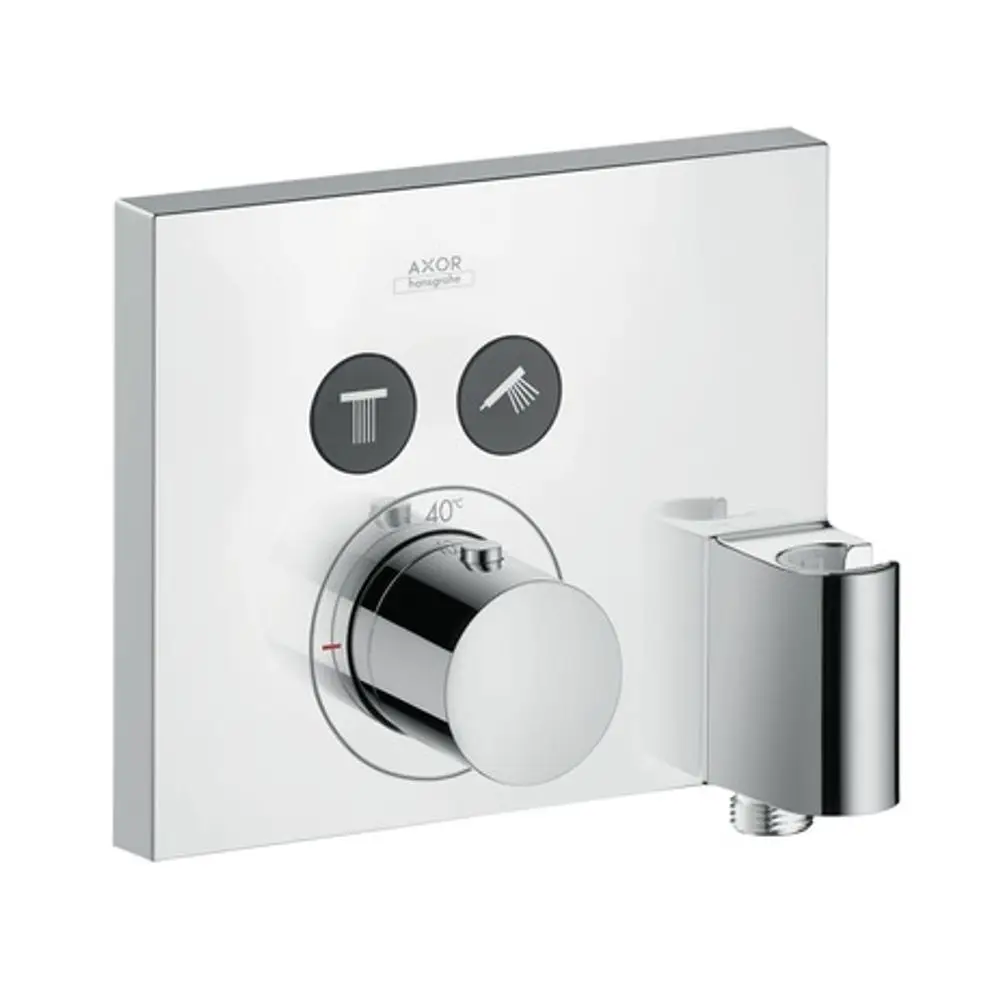Thermostat von AXOR in glänzendem Chrom für die Wandmontage, mit einem Drehknopf zur Temperaturregelung und zwei Bedienelementen für Wasserquellen.